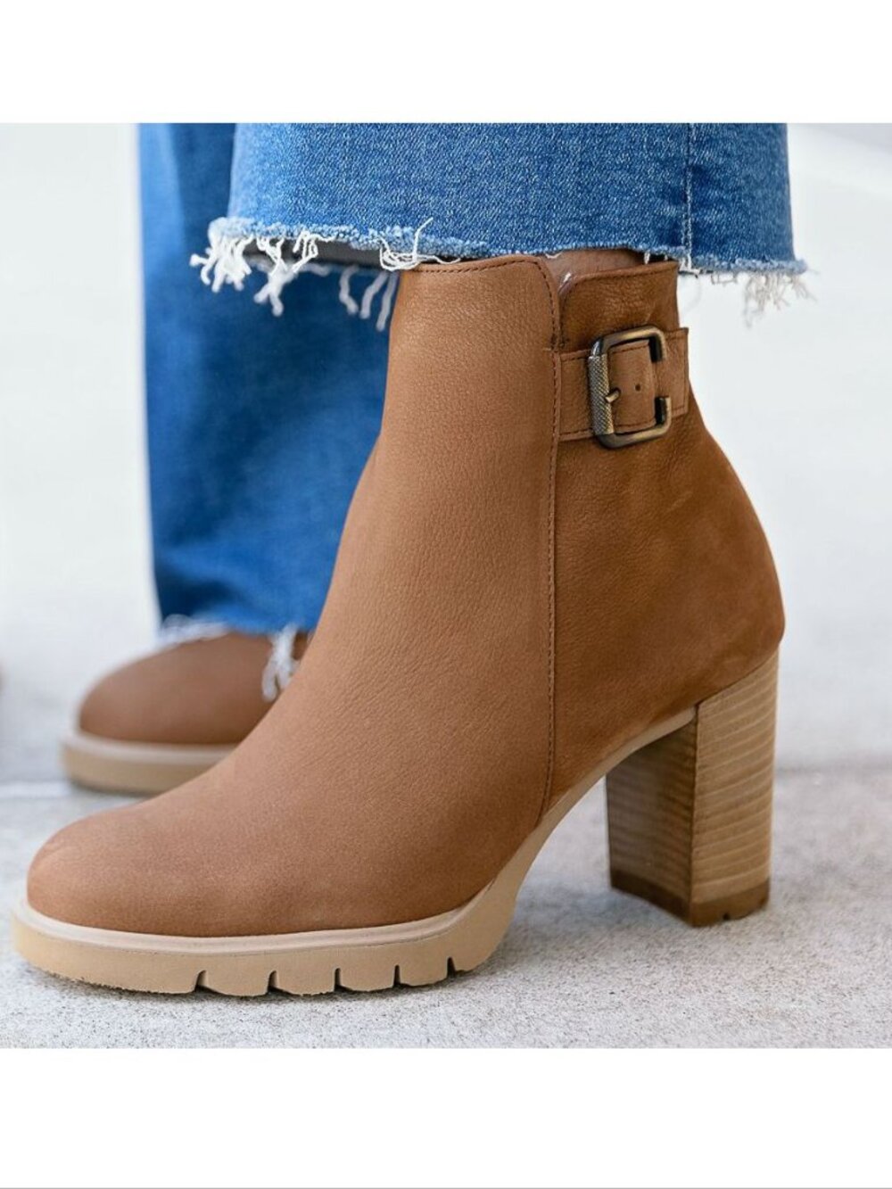Paul Green Selma Lug Sole Bootie Ankle Boots US 8.5 Buckle Moto Tan Nubuck NEW